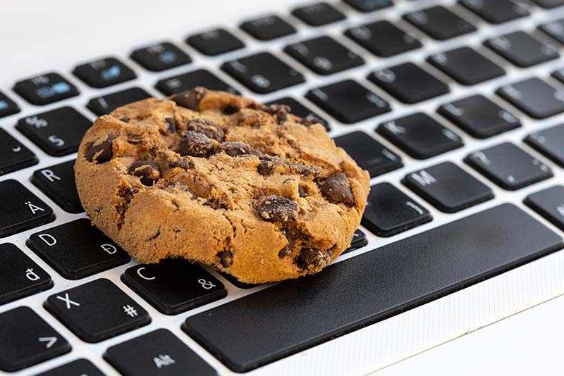Un cookie aux pépites de chocolat posé sur le clavier d'un ordinateur portable.