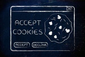 Message pop-up minimal amusant sur l'acceptation des cookies, illustration plate de contour