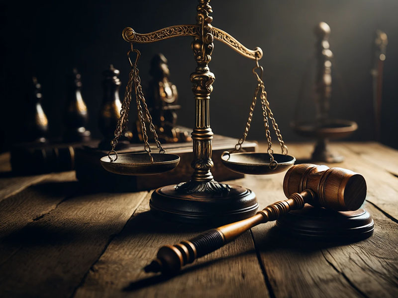 Une ancienne balance de justice en bois et en or posée sur une table rustique, avec à ses côtés le marteau d'un juge, sur un fond sombre et flou soulignant la solennité des décisions judiciaires.